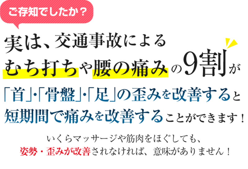 交通事故によるむち打ちは骨盤矯正や腰痛治療で改善可能